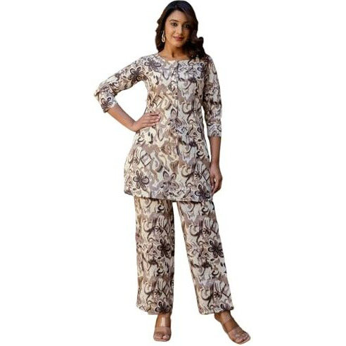 Selvia Women's Cotton Blend Co-Ords Ankle Length Dress (753Ctk8052N-S_Biege & Multi