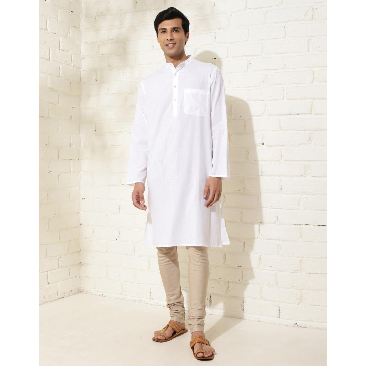 Fabindia Men's Cotton Woven Relaxed Kurta (1037837White_White