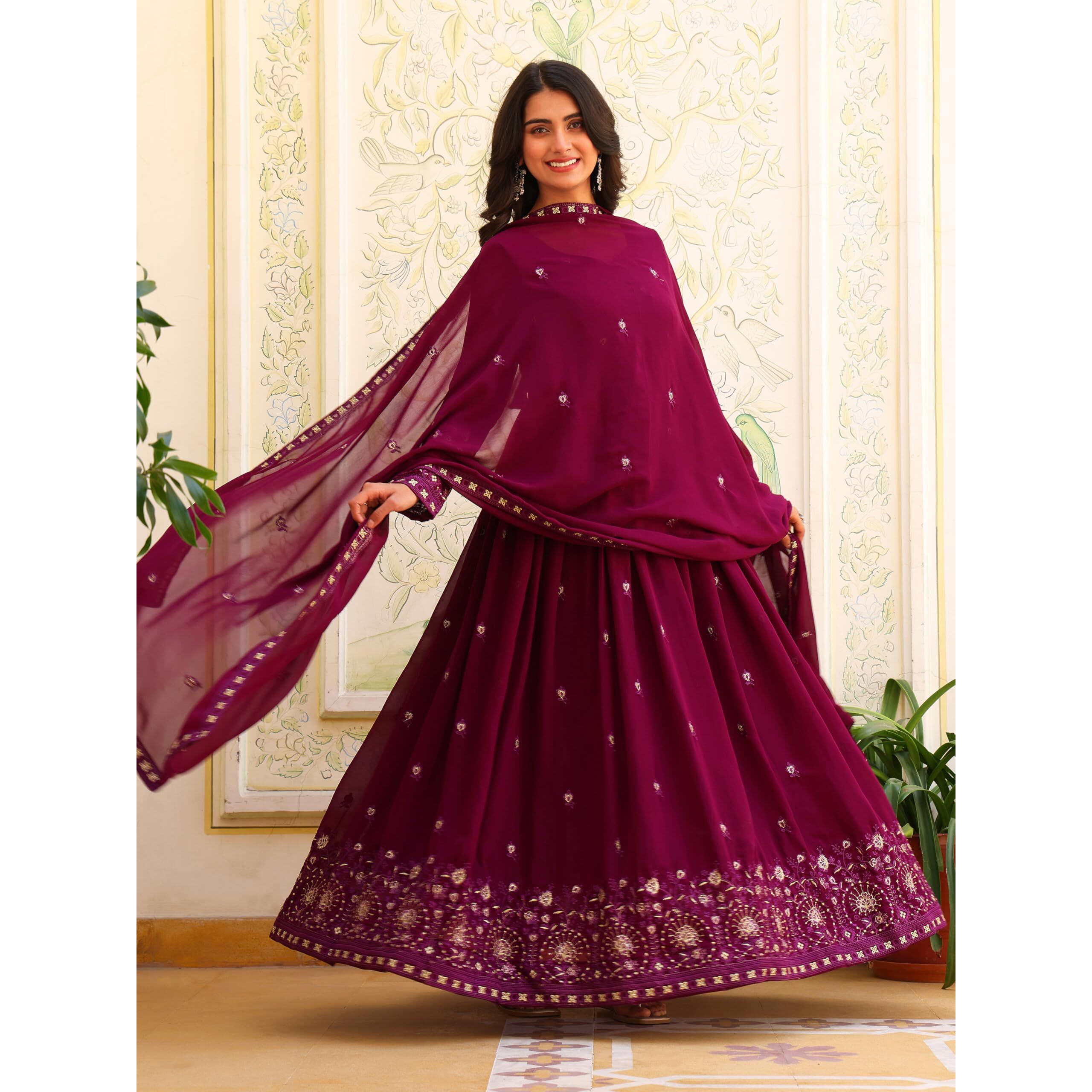 Fashion Basket Georgette Embroidered Anarkali Dress For Women Purple