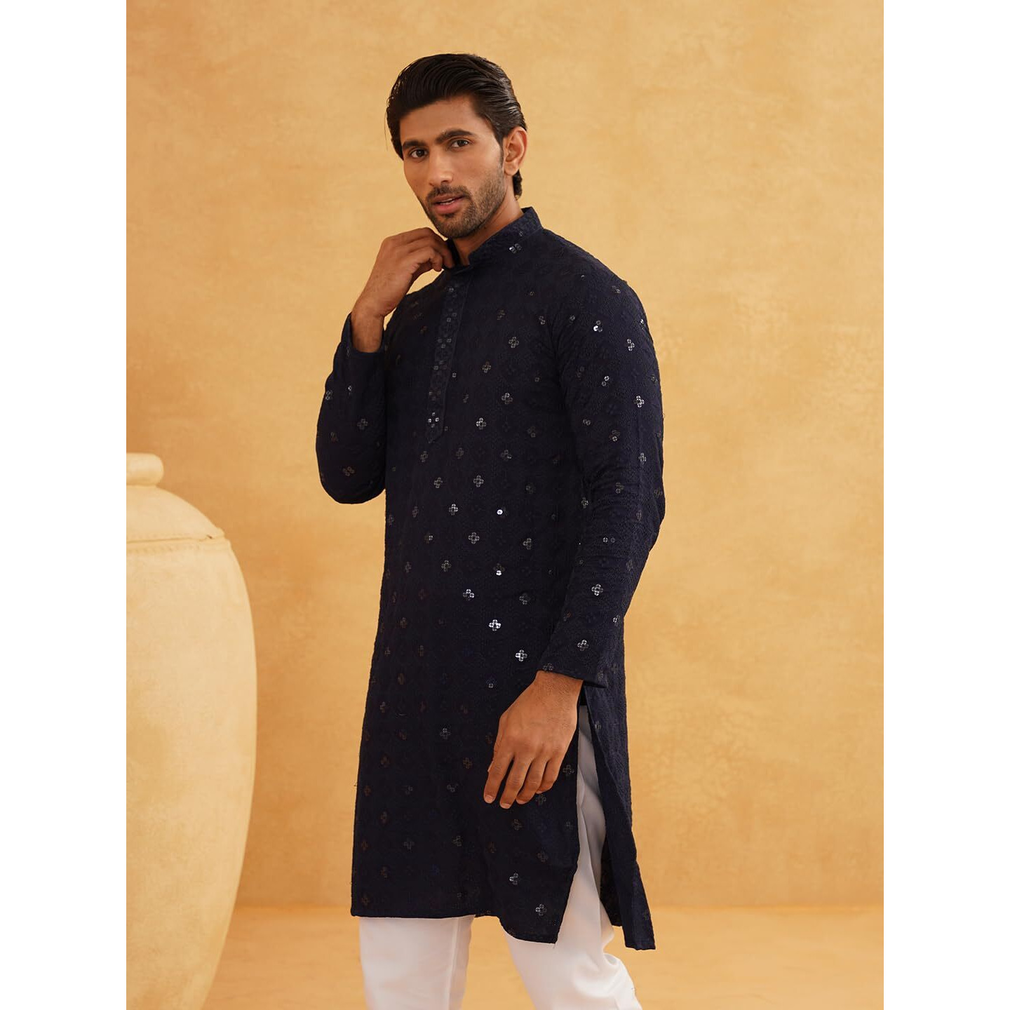 Sojanya (Since 1958 Men's Cotton Embroidered Sequinned Navy Blue Long Kurta Size 38