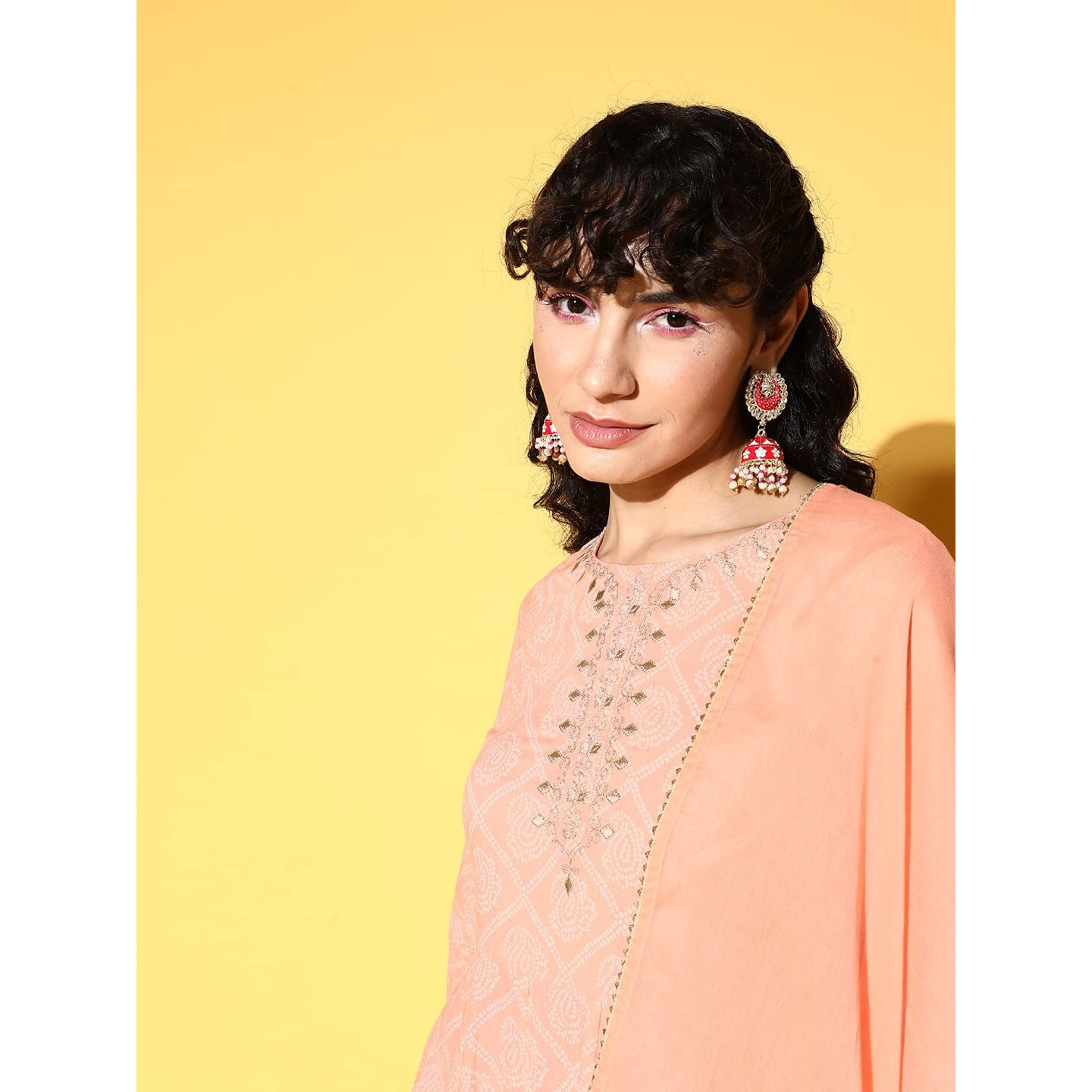 Ishin Women's Cotton Blend Peach Embroidered Anarkali Kurta With Dupatta