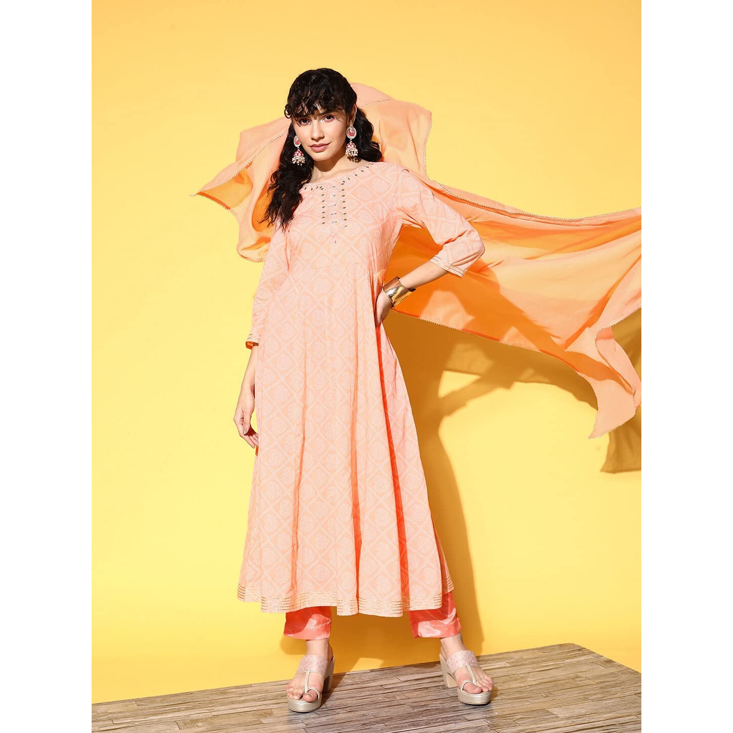 Ishin Women's Cotton Blend Peach Embroidered Anarkali Kurta With Dupatta
