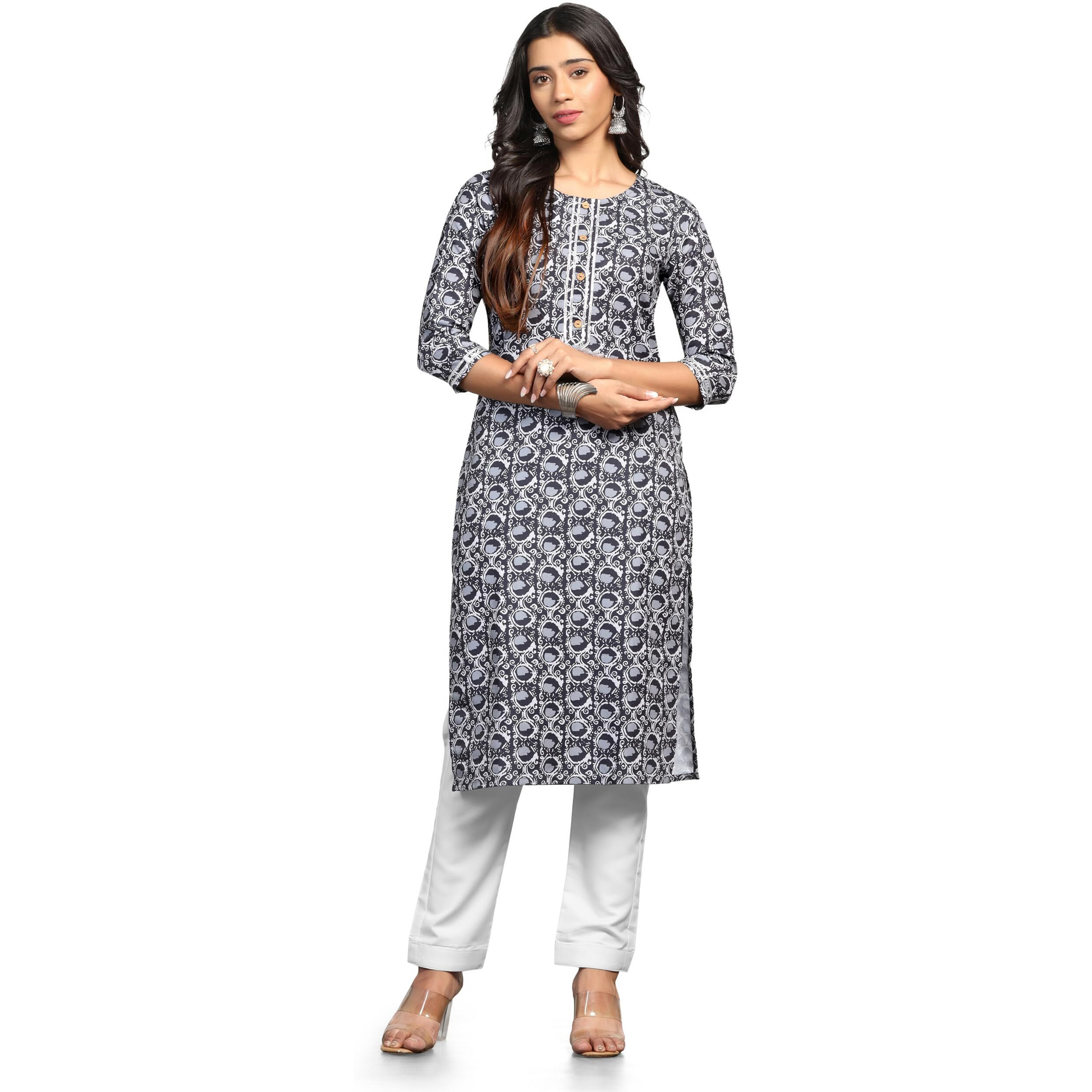 Tadkee Women Cotton Blend Printed Kurta With Pant (Nx-Kurti-Pant-Round-111-Grey-S)