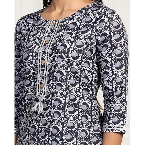 Tadkee Women Cotton Blend Printed Kurta With Pant (Nx-Kurti-Pant-Round-111-Grey-S)