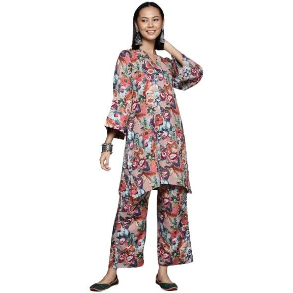 Varanga Women Beige Floral Printed Tunic Paired With Tonal Bottom