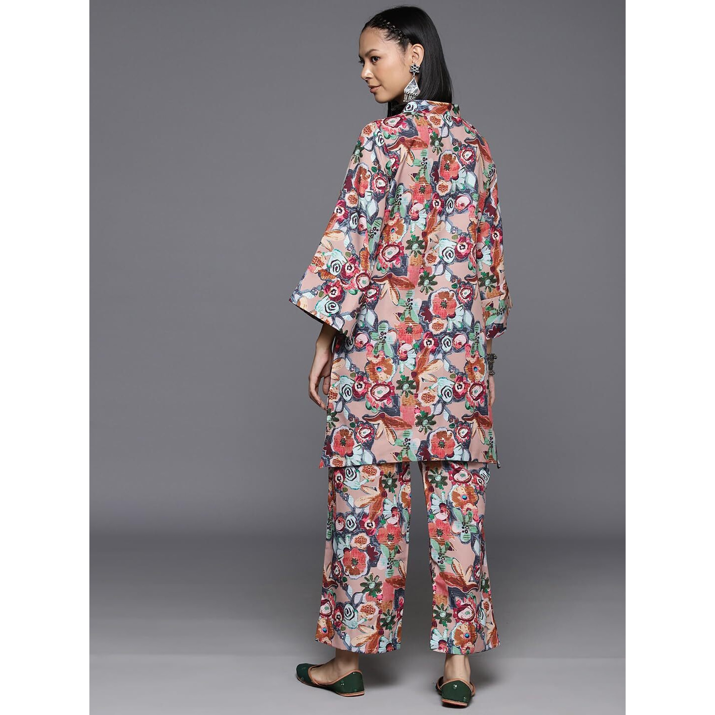 Varanga Women Beige Floral Printed Tunic Paired With Tonal Bottom