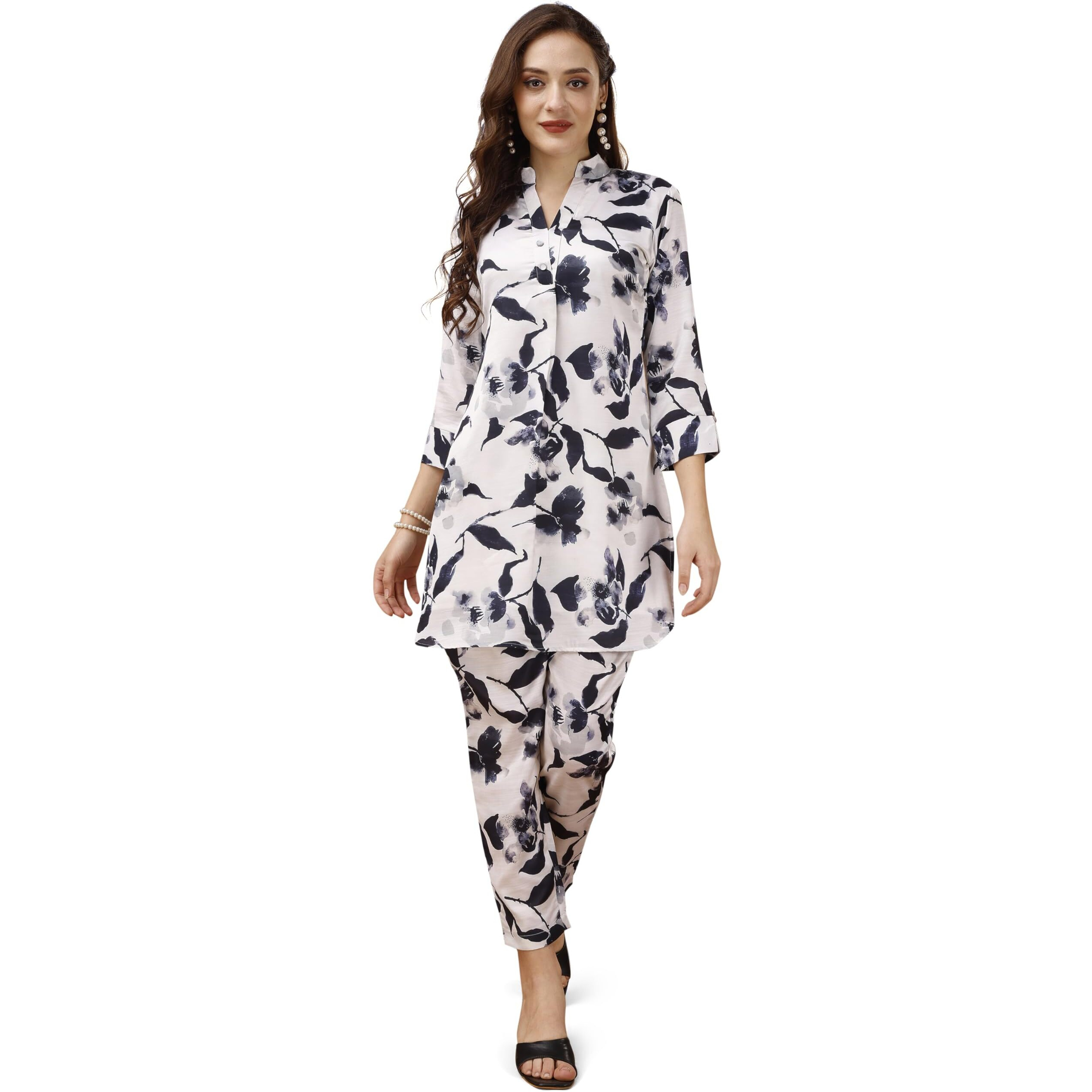 Womanista Polyester Women's Cream Colour Satin Fabric Floral Printed Tunic With Trouser Coords Set Ankle Length (Co-Ords_9056 S)