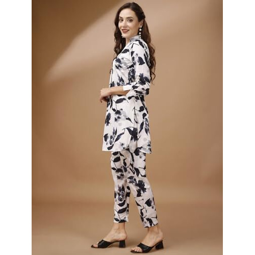 Womanista Polyester Women's Cream Colour Satin Fabric Floral Printed Tunic With Trouser Coords Set Ankle Length (Co-Ords_9056 S)