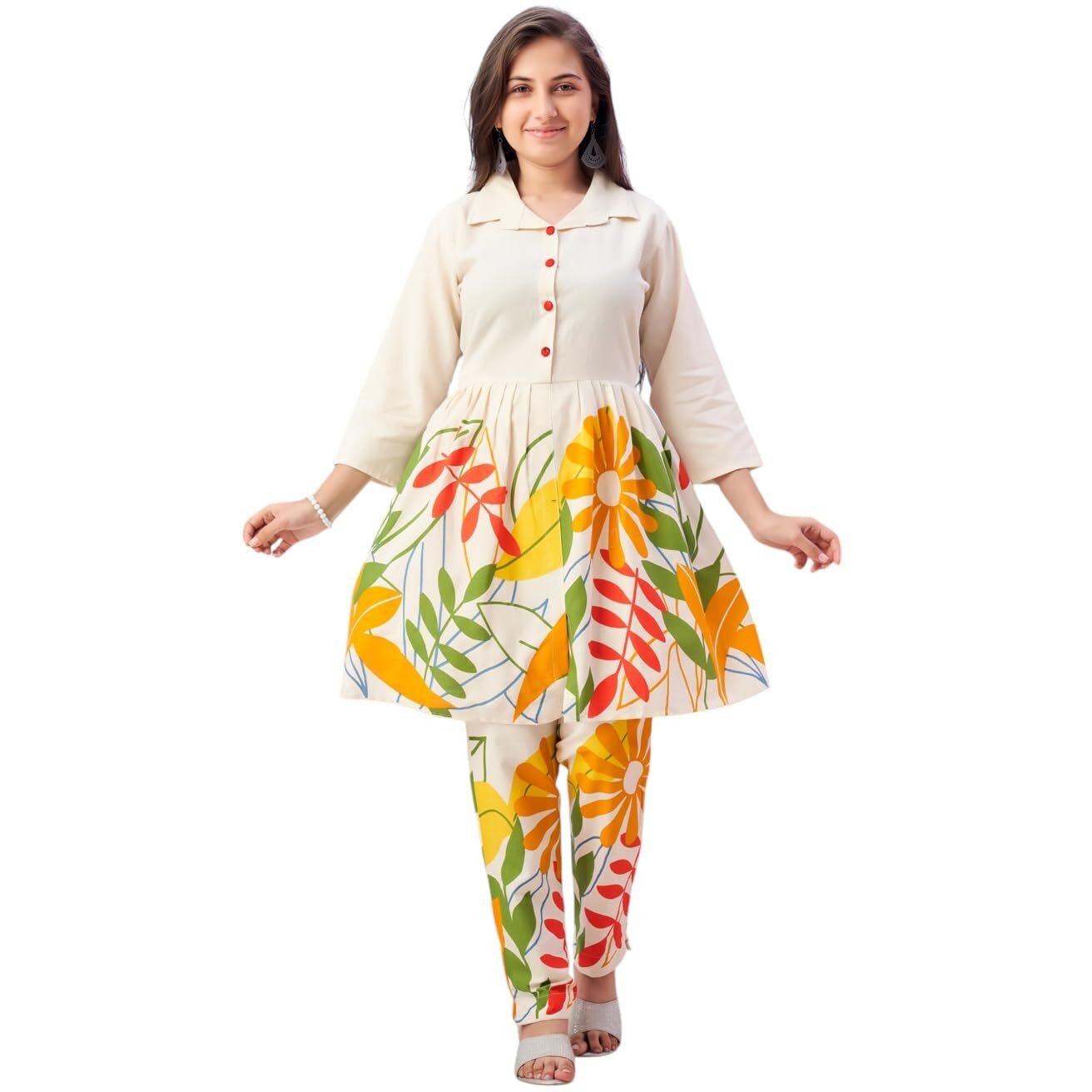Aarika Girls Ethnic Wear Cream Colour Floral Print Khadi Cotton Kurti Pant Set -(8-15 Years)-(Kp-Tr-K-978)