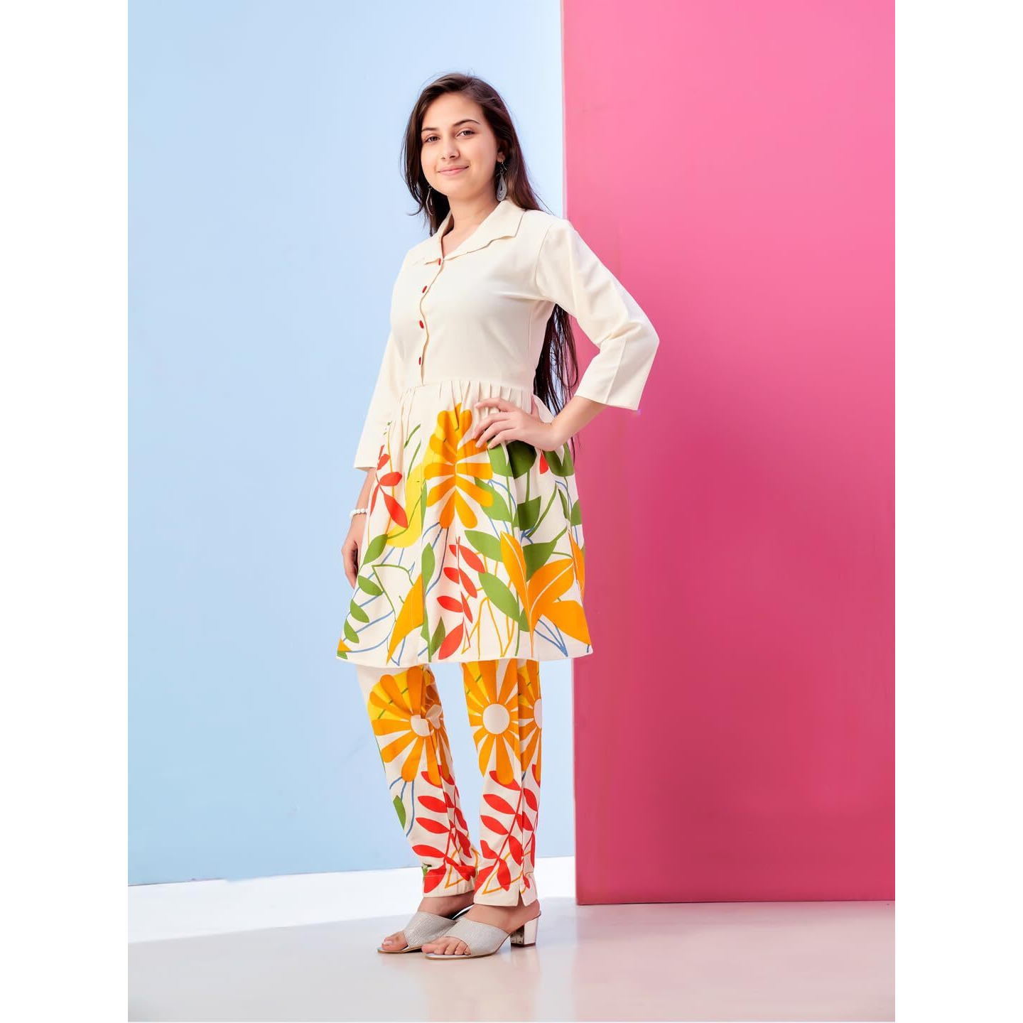 Aarika Girls Ethnic Wear Cream Colour Floral Print Khadi Cotton Kurti Pant Set -(8-15 Years)-(Kp-Tr-K-978)