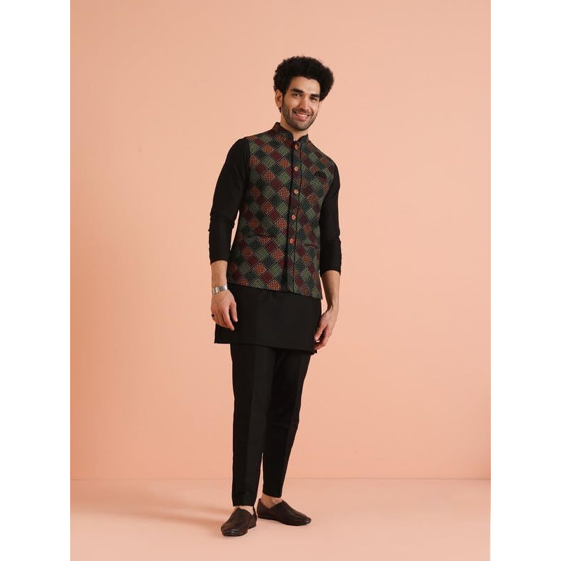 Kisah Cotton Blend Kurta Jacket Trouser Set For Men | Nehru Jacket Waistcoat Kurta Set With Trousers | Mens Ethnic Collections-Ka-0863-5207-T303-42-Multi