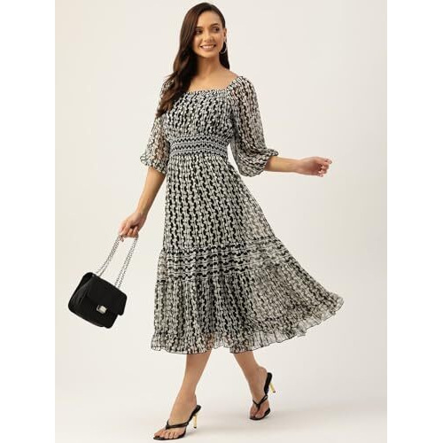 Litzo Women's Georgette A-Line Maxi Dress (L-66-L_Black
