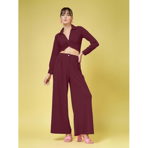 Oomph Women's Stretchable Lycra Top And Trouser Pant Set |Two Piece Co-Ord Set | Wester Wear Regular Fit | Stylish Multipurpose Top - Bottom Pair - Purple