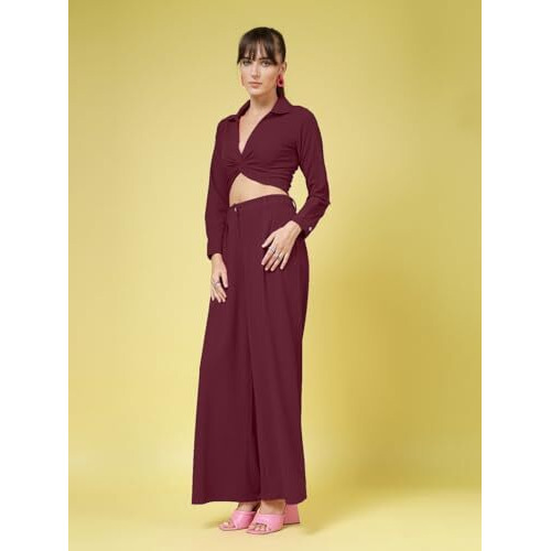 Oomph Women's Stretchable Lycra Top And Trouser Pant Set |Two Piece Co-Ord Set | Wester Wear Regular Fit | Stylish Multipurpose Top - Bottom Pair - Purple