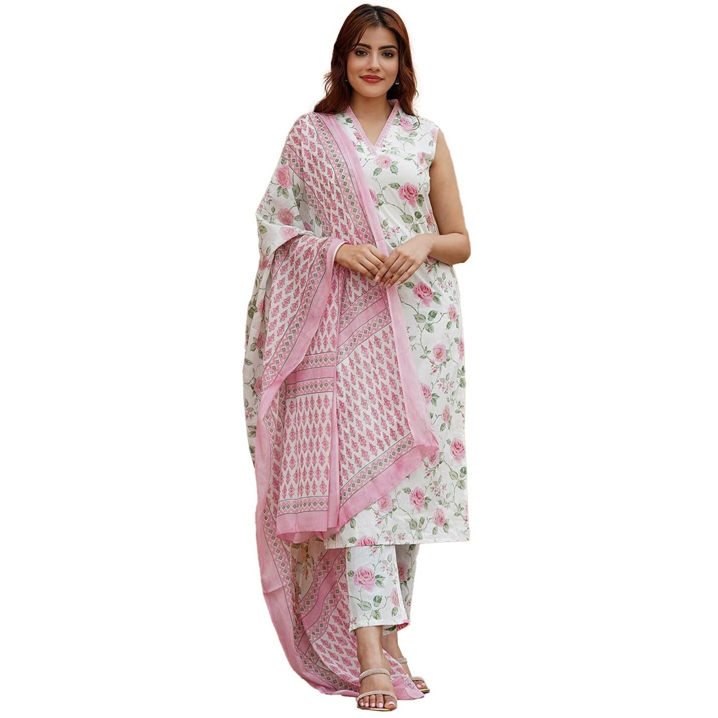 Fashion Basket Cotton Kurat Set With Duptta For Women Pink