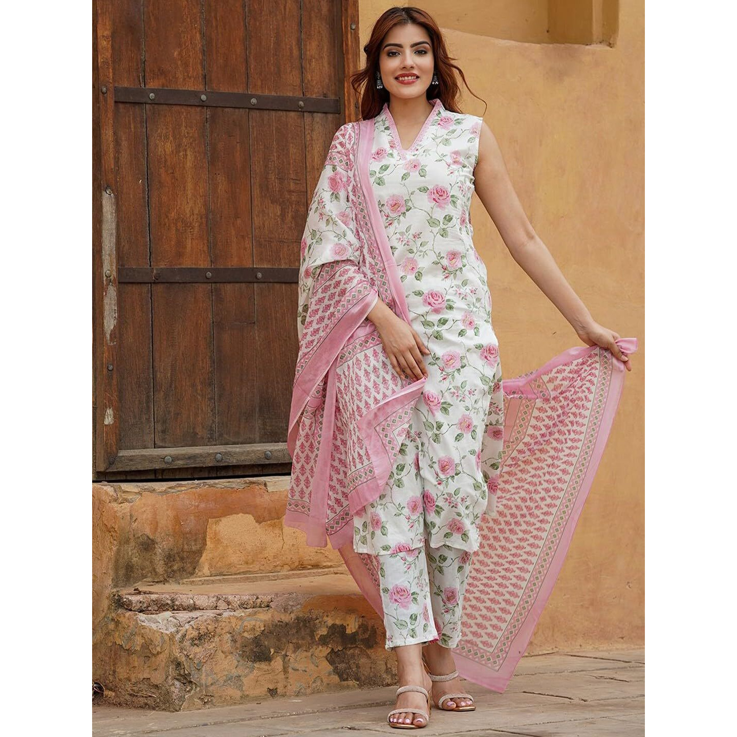 Fashion Basket Cotton Kurat Set With Duptta For Women Pink