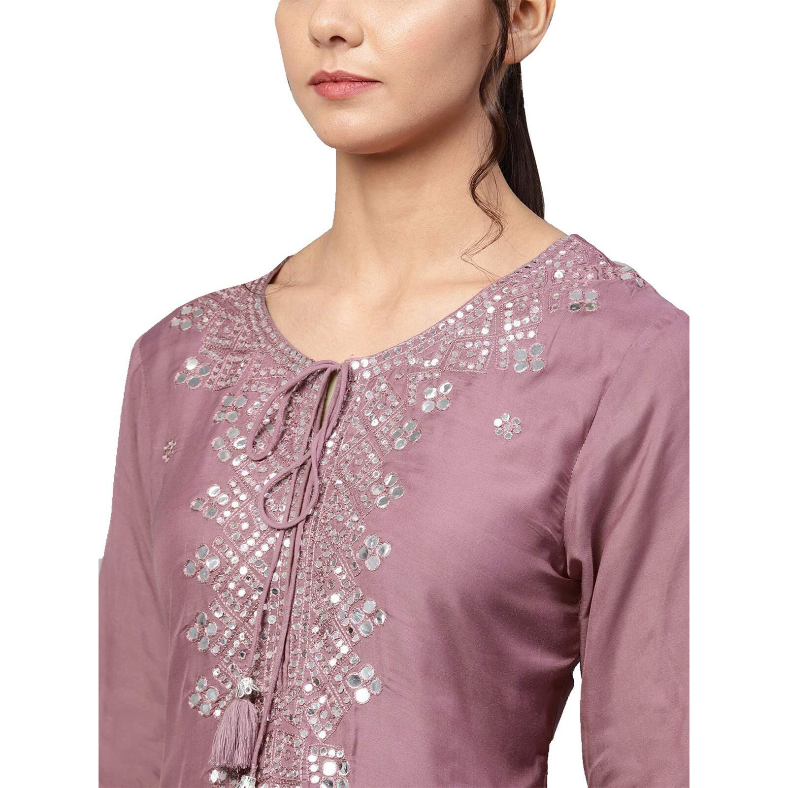 Ishin Women's Rayon Burgundy Embellished A-Line Kurta Set With Skirt