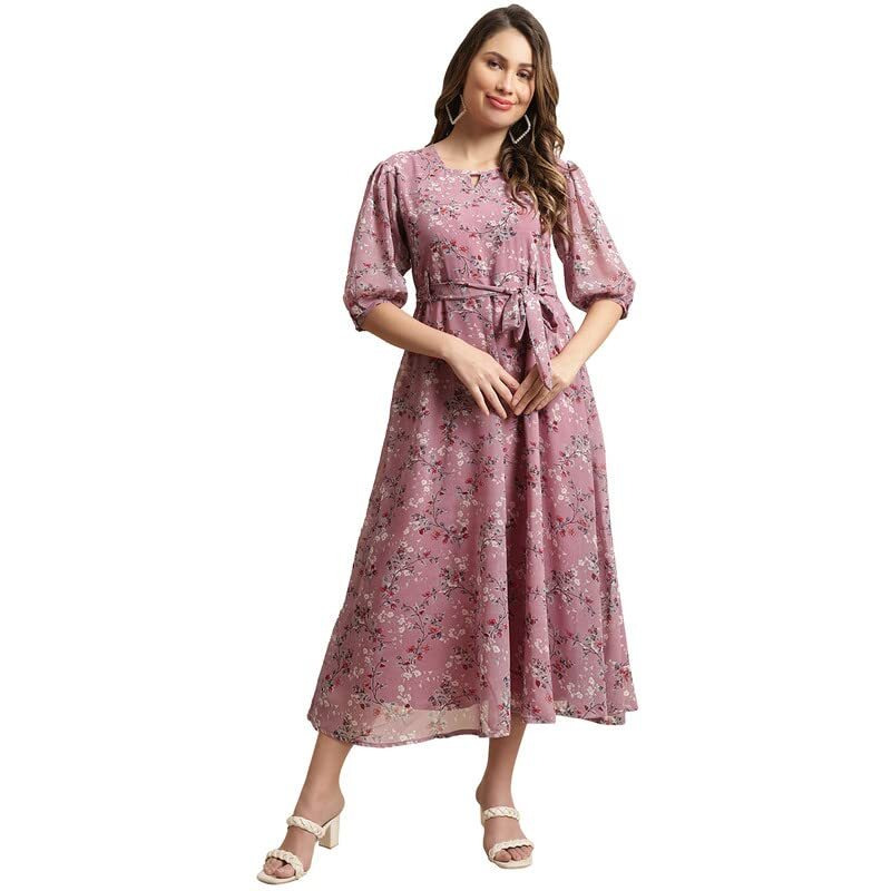 Preneum Women's Maxi Fit & Flare Latest Style Print Georgette Regular Sleeves Casual Maxi | Summer Festival & Occasion, Light Pink, M
