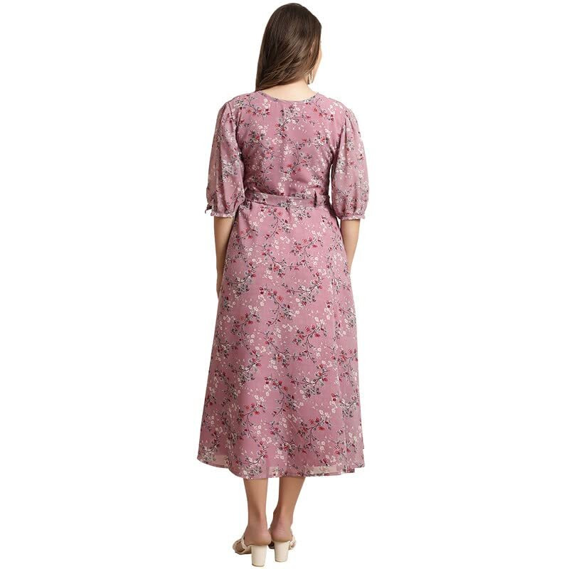 Preneum Women's Maxi Fit & Flare Latest Style Print Georgette Regular Sleeves Casual Maxi | Summer Festival & Occasion, Light Pink, M