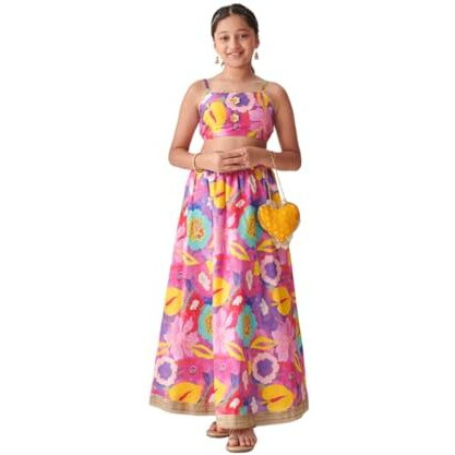 Pspeaches Girl's Silk Blend 1 Lehenga, 1 Choli, 1 Dupatta (L-Purplemultidupion-4- Purple_4-5Y)