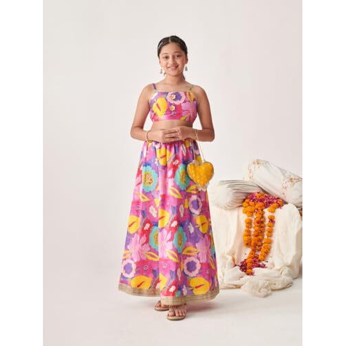 Pspeaches Girl's Silk Blend 1 Lehenga, 1 Choli, 1 Dupatta (L-Purplemultidupion-4- Purple_4-5Y)