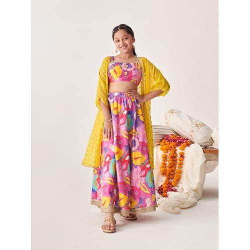 Pspeaches Girl's Silk Blend 1 Lehenga, 1 Choli, 1 Dupatta (L-Purplemultidupion-4- Purple_4-5Y)