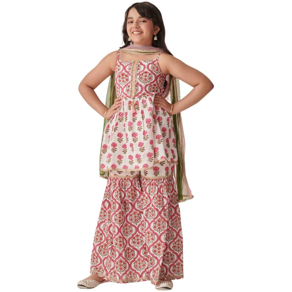 Pspeaches Girl's Cotton Sharara Set (Sha-Jaalbooti-15-16Y_Magenta