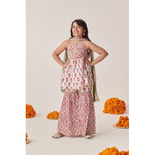 Pspeaches Girl's Cotton Sharara Set (Sha-Jaalbooti-15-16Y_Magenta