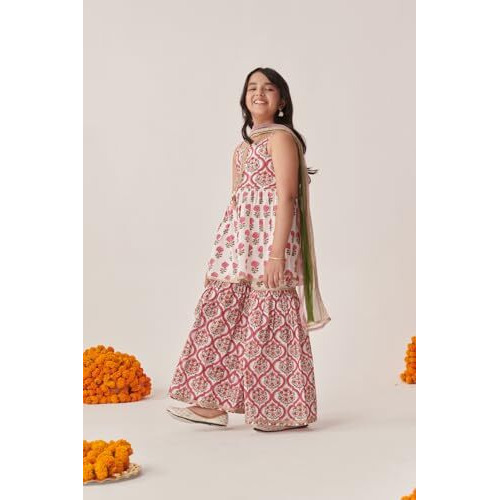Pspeaches Girl's Cotton Sharara Set (Sha-Jaalbooti-15-16Y_Magenta