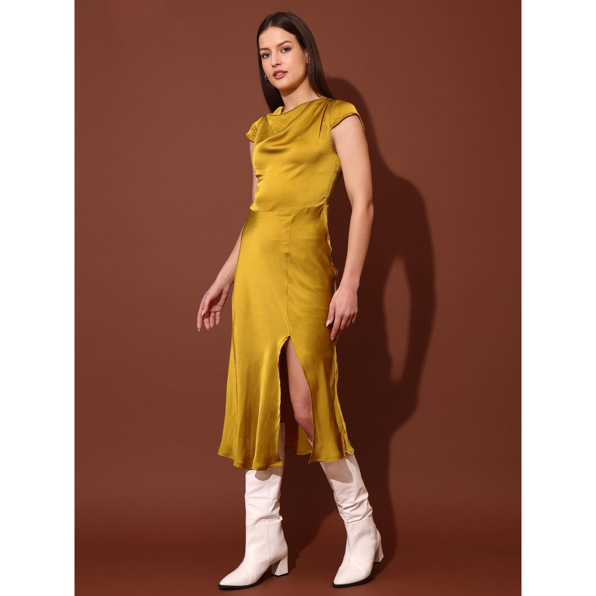 Purvaja Womens Cowl Neck Silk Blend Dress (Floe-120-M_Yellow)