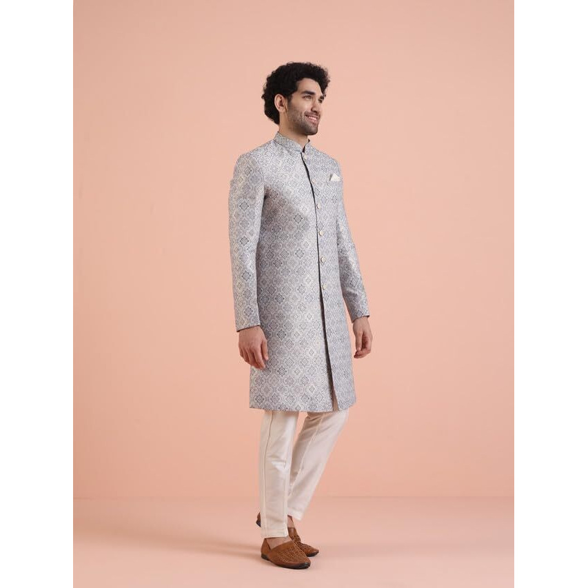 Kisah Men Grey Jacquard Indowestern Sherwani Trouser Set With Geometric, 44
