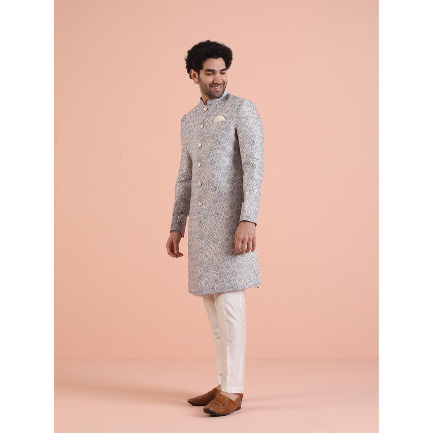 Kisah Men Grey Jacquard Indowestern Sherwani Trouser Set With Geometric, 44