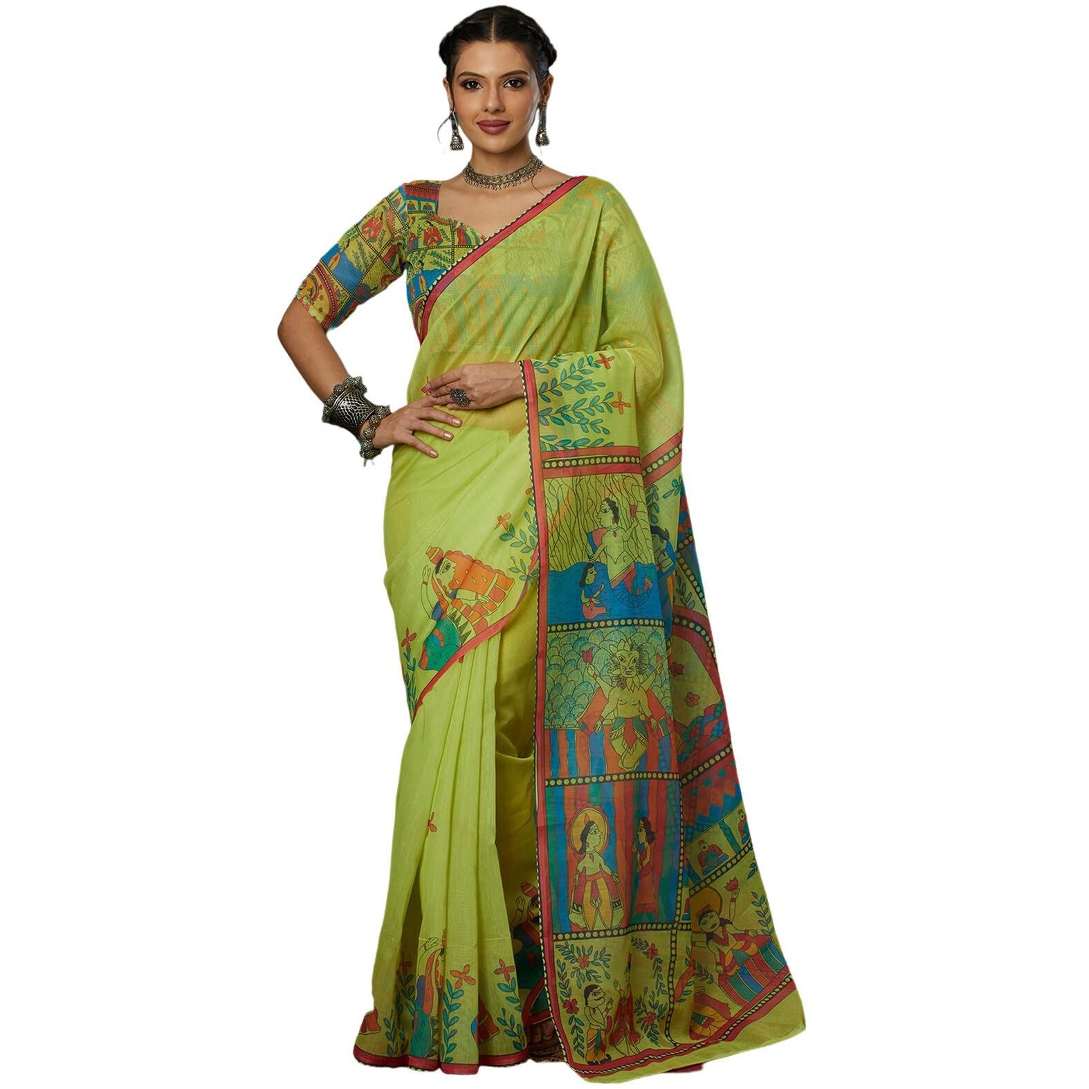 Satrani Women's Cotton Blend Printed Saree With Unstitched Blouse Piece (4112S6510N_Bright Green)