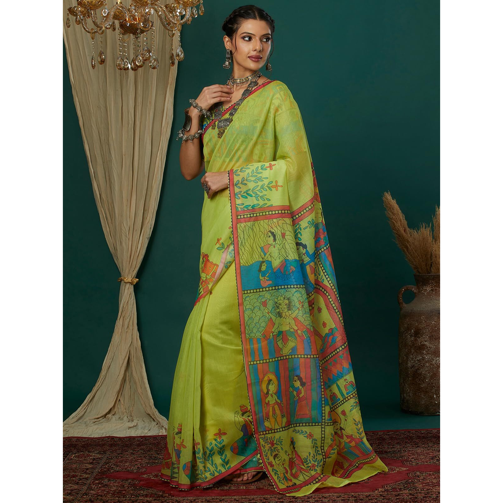 Satrani Women's Cotton Blend Printed Saree With Unstitched Blouse Piece (4112S6510N_Bright Green)