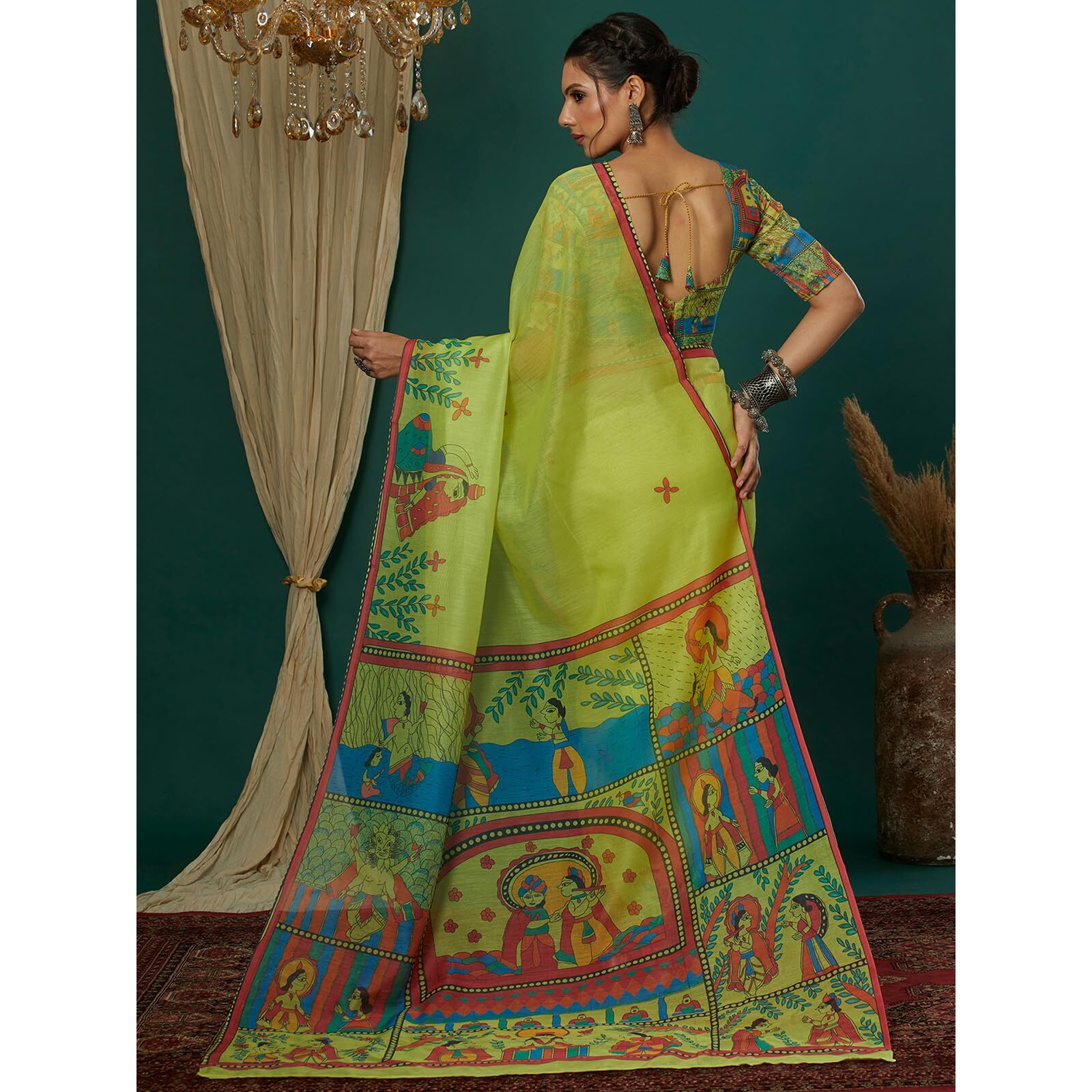 Satrani Women's Cotton Blend Printed Saree With Unstitched Blouse Piece (4112S6510N_Bright Green)