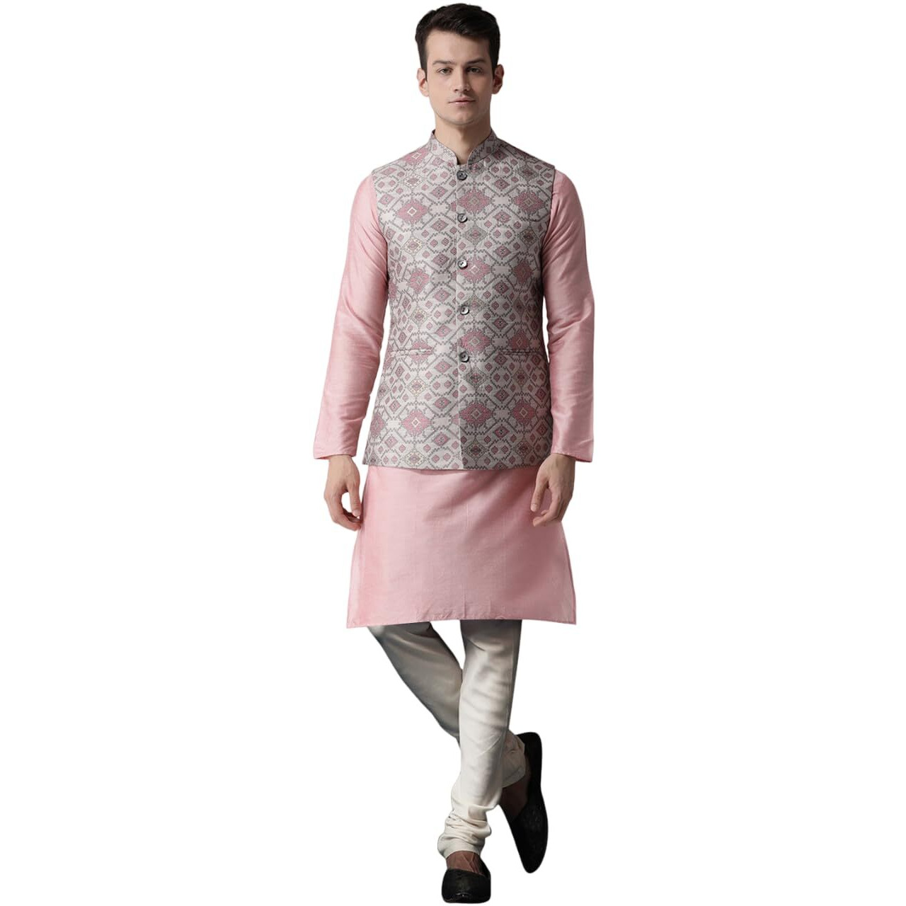 Kisah Men's Cotton Blend Regular Fit Full Sleeves Woven Design Grey Kurta Jacket Churidar Set, M
