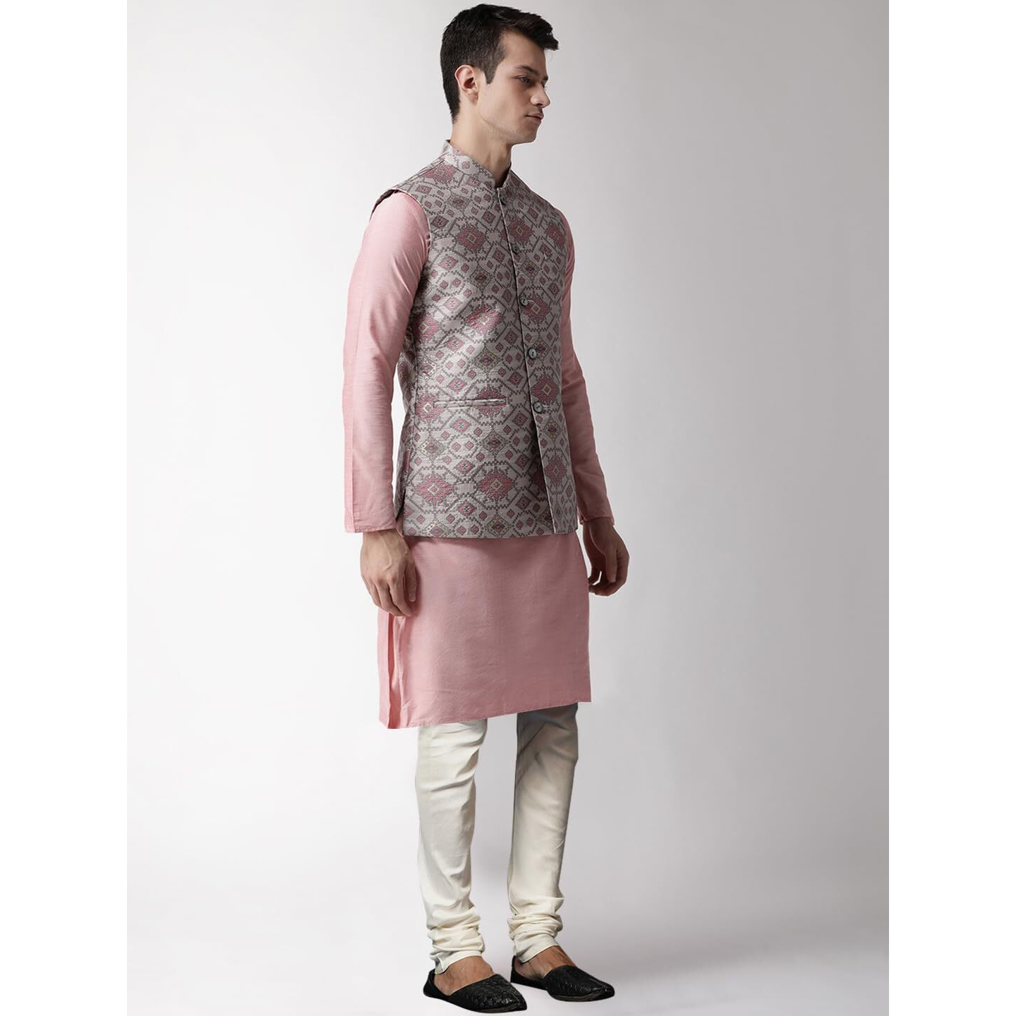 Kisah Men's Cotton Blend Regular Fit Full Sleeves Woven Design Grey Kurta Jacket Churidar Set, M