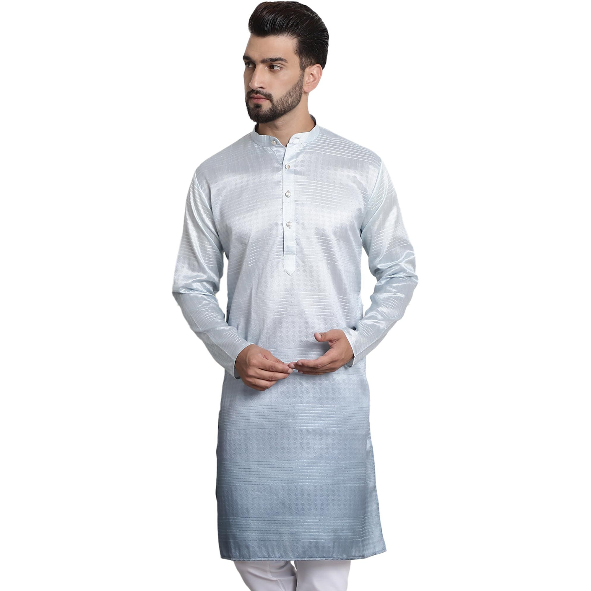 Sojanya (Since 1958 Men's Jacquard Silk Multi Shade Grey Color Kurta With Sequence