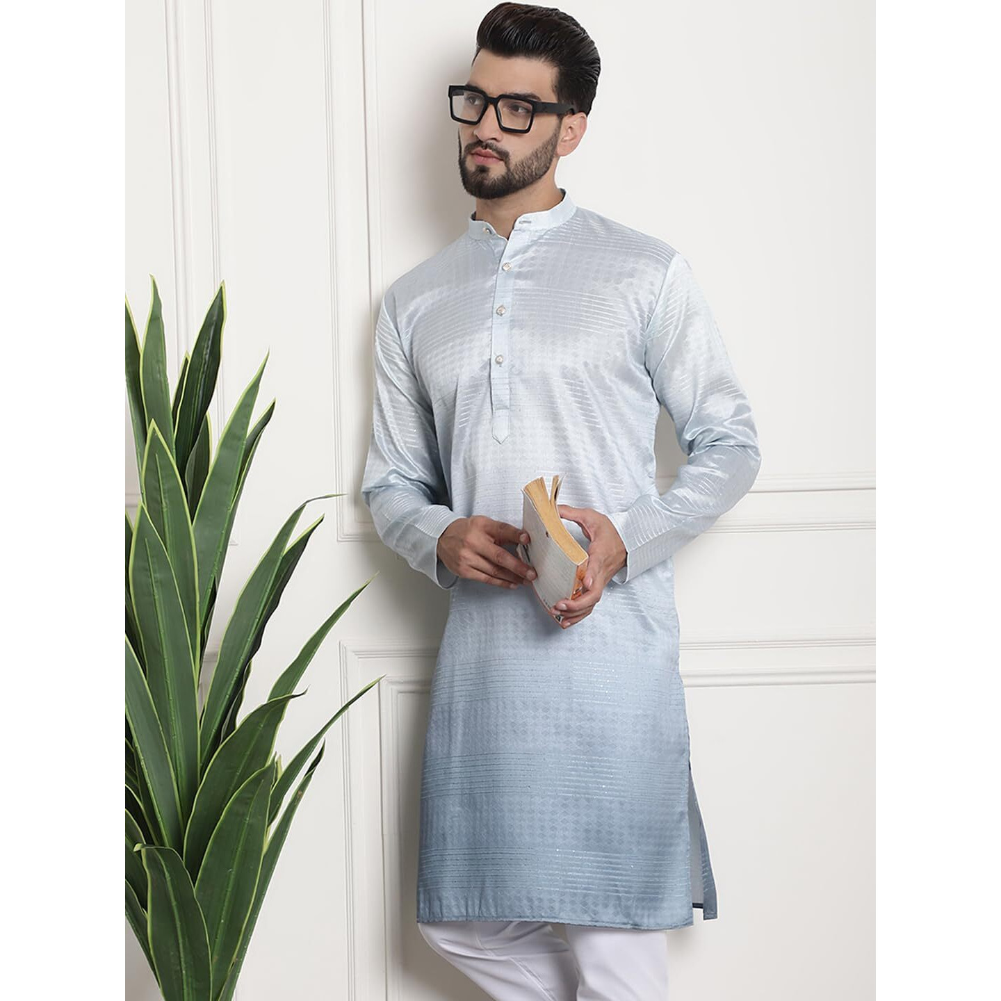 Sojanya (Since 1958 Men's Jacquard Silk Multi Shade Grey Color Kurta With Sequence