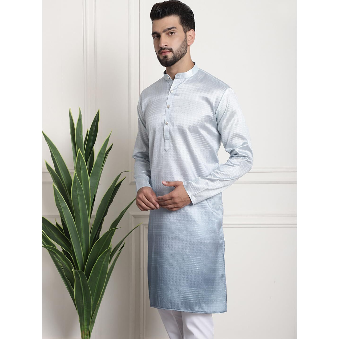 Sojanya (Since 1958 Men's Jacquard Silk Multi Shade Grey Color Kurta With Sequence