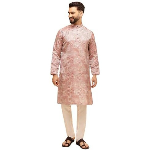 Sojanya (Since 1958 Men's Jacquard Silk Red Kurta With White Pyjama