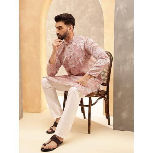 Sojanya (Since 1958 Men's Jacquard Silk Red Kurta With White Pyjama