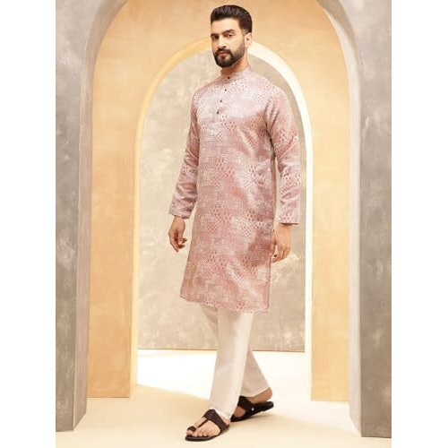 Sojanya (Since 1958 Men's Jacquard Silk Red Kurta With White Pyjama