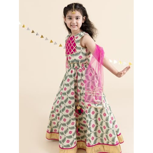 Pspeaches Girl's Cotton Lehenga Choli (L-Lotus_Off White_3-4Y)