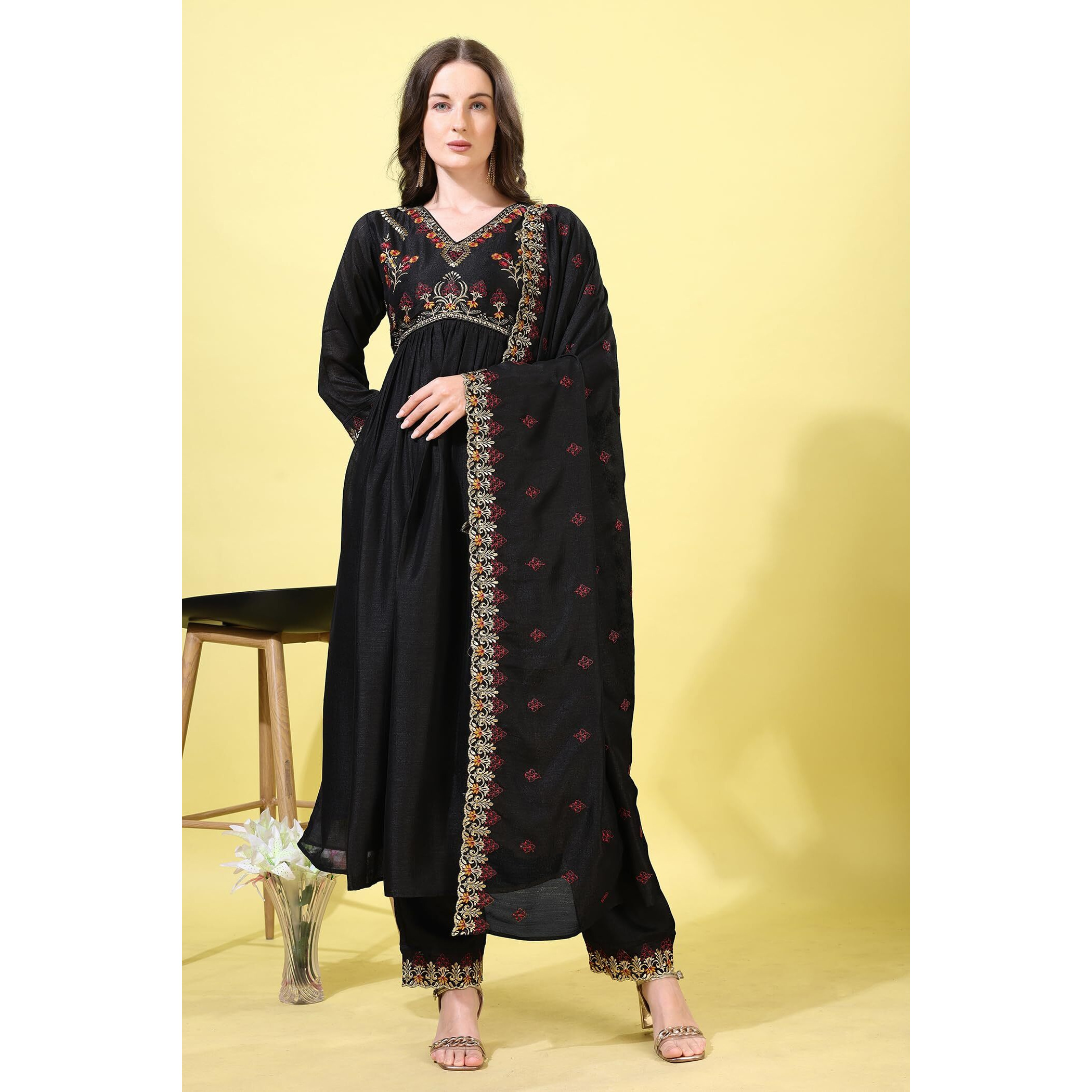 Pratham Blue Women's Silk Embroidered Regular Kurta Set (Bkp-1029-L_Black