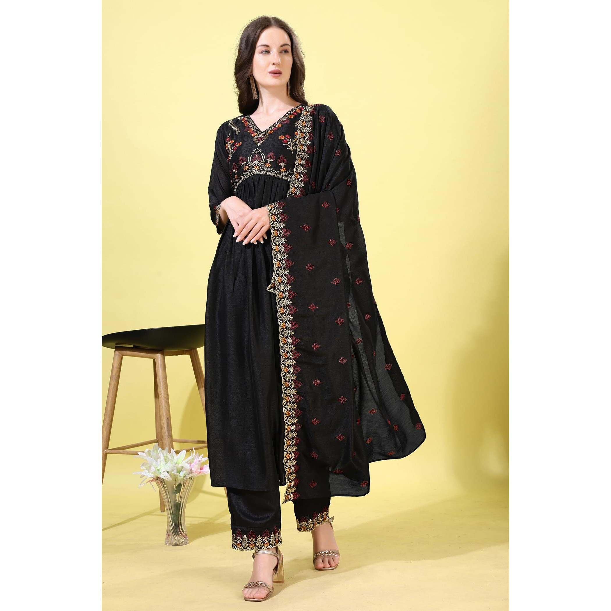Pratham Blue Women's Silk Embroidered Regular Kurta Set (Bkp-1029-L_Black