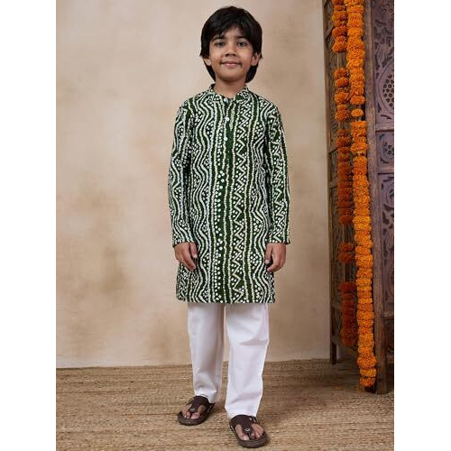 Pspeaches Boys Bandhani Printed Straight Kurta Pyjamas With Jacket (10-12Years)