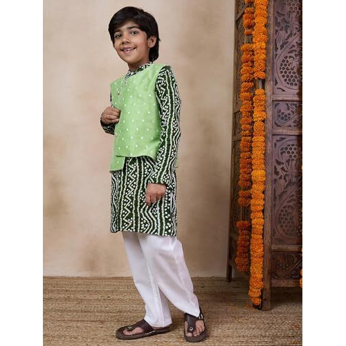 Pspeaches Boys Bandhani Printed Straight Kurta Pyjamas With Jacket (10-12Years)