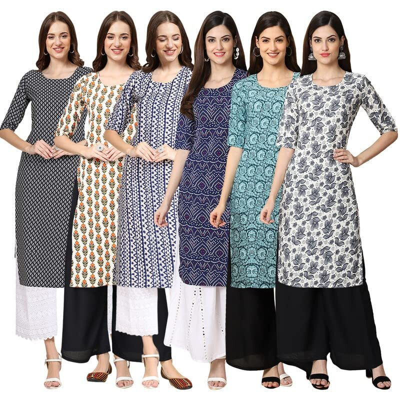 Pinkmint Women's Crepe Digital Print Straight Kurta [Pack Of 6] Multicolour