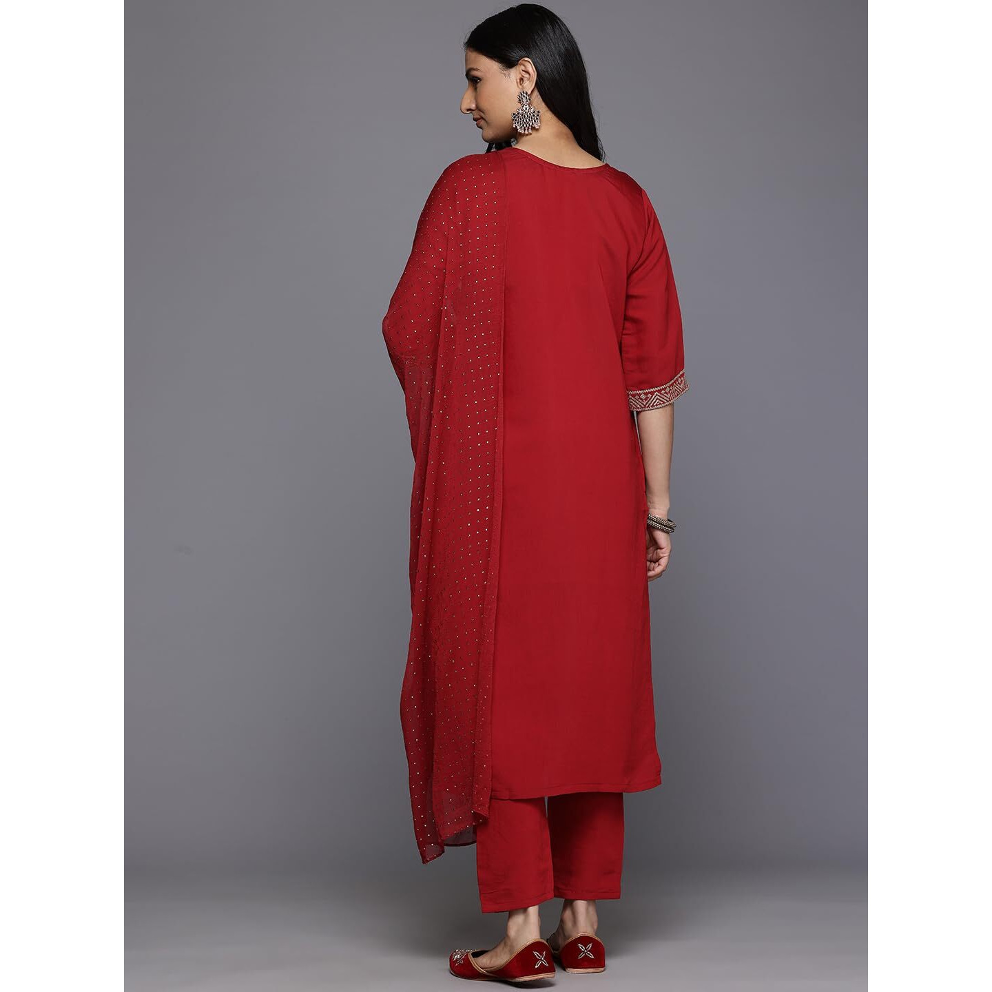Varanga Women Maroon Round Neck Zari Embroidered Kurta Paired With Bottom & Dupatta